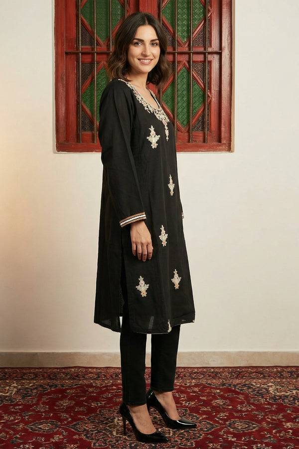 Black Thread Embroidered Acrylic Blend Straight Kurta