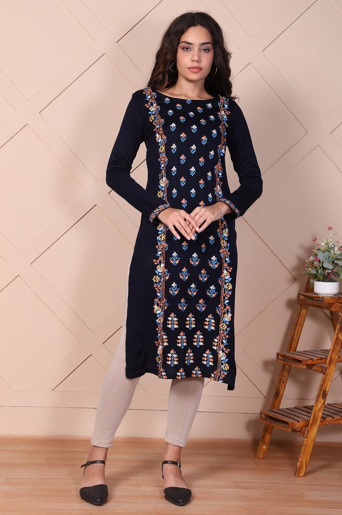 Navy Blue Floral Embroidered Straight Acrylic Kurta