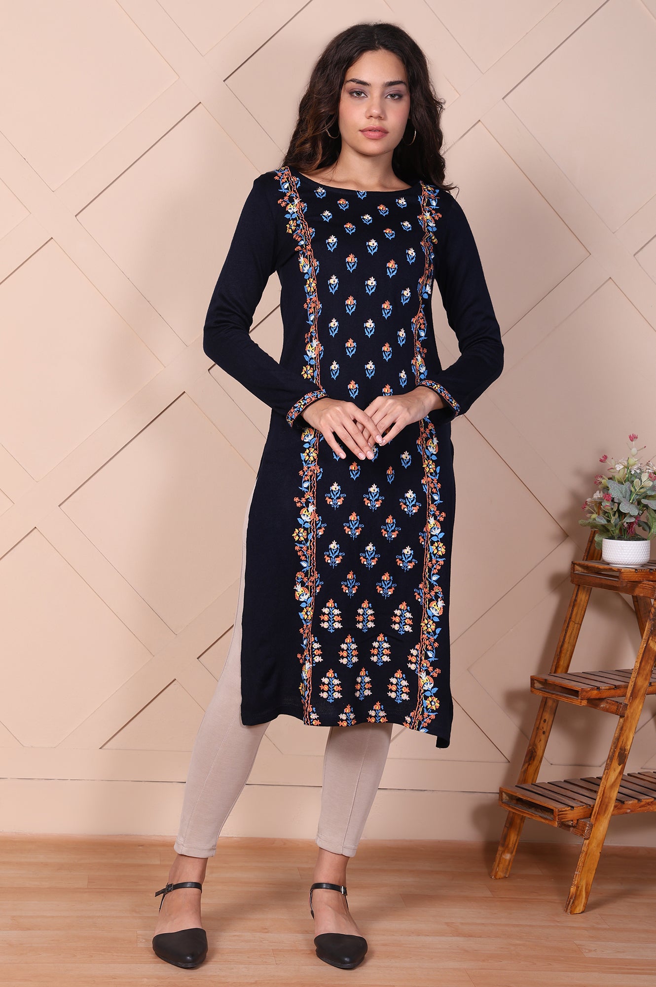Navy Blue Floral Embroidered Straight Acrylic Kurta