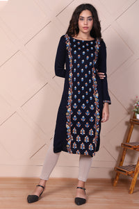 Navy Blue Floral Embroidered Straight Acrylic Kurta