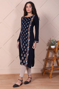 Navy Blue Floral Embroidered Straight Acrylic Kurta