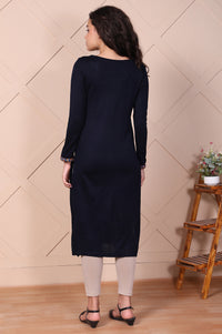 Navy Blue Floral Embroidered Straight Acrylic Kurta