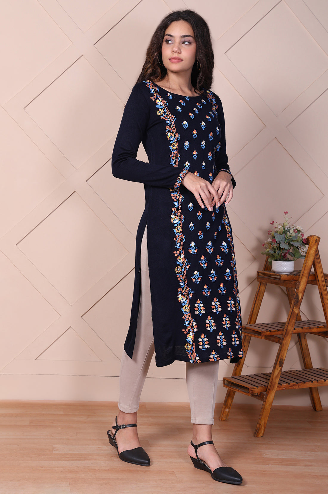 Navy Blue Floral Embroidered Straight Acrylic Kurta