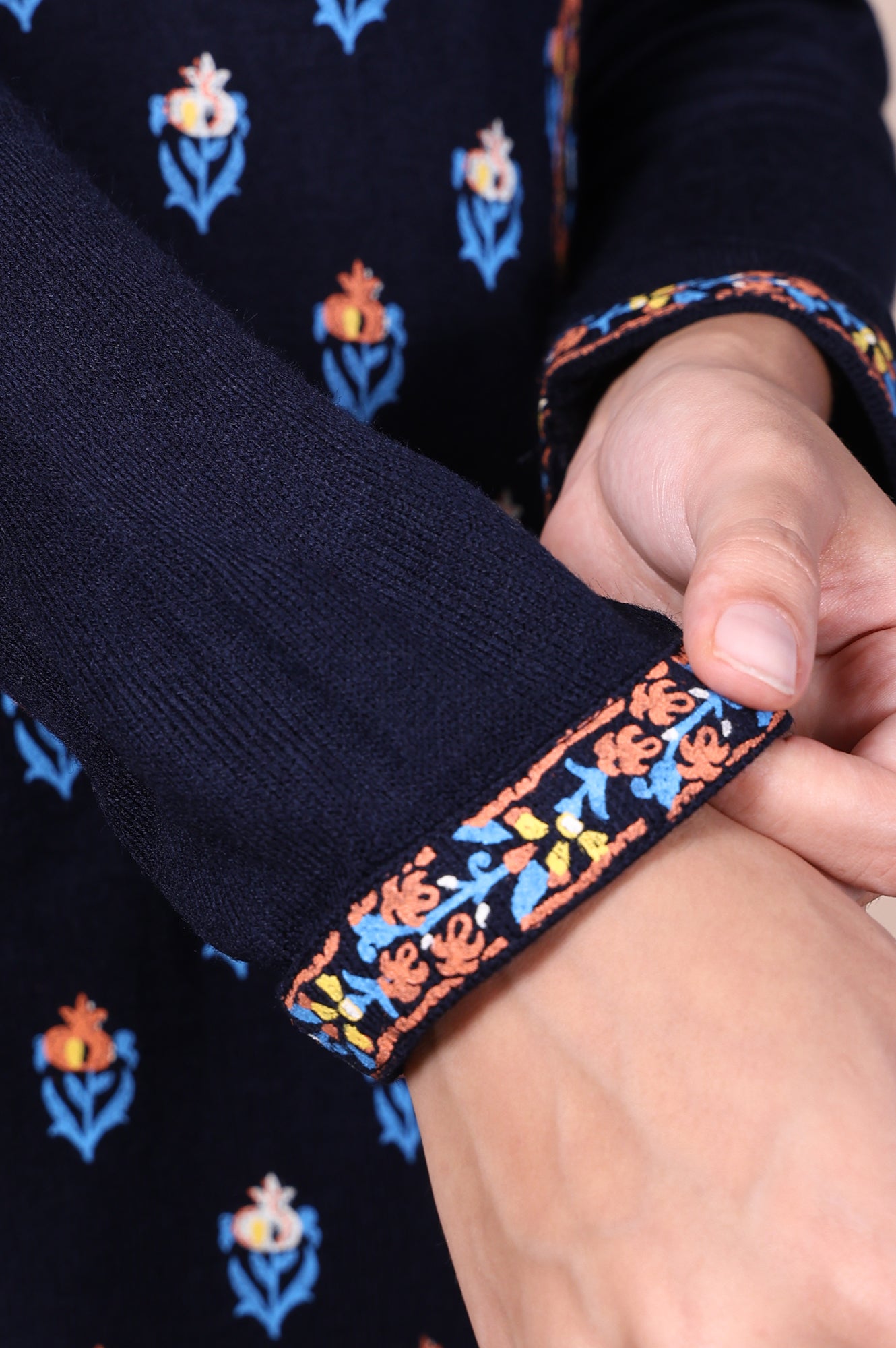 Navy Blue Floral Embroidered Straight Acrylic Kurta