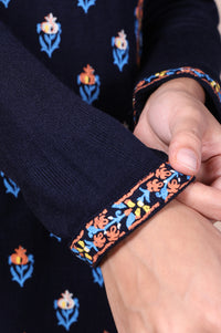 Navy Blue Floral Embroidered Straight Acrylic Kurta