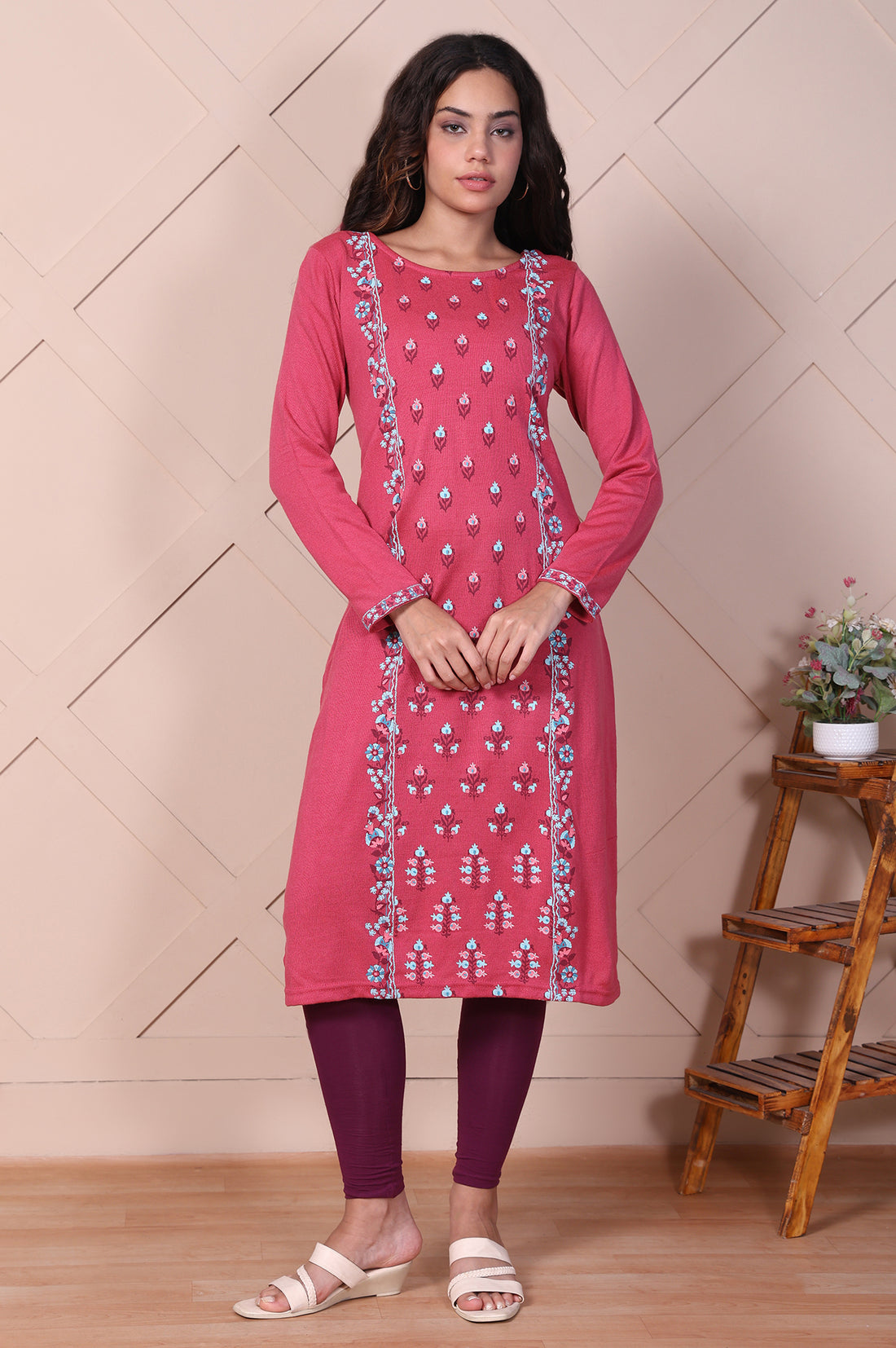 Pink Floral Printed Straight Acrylic Kurta