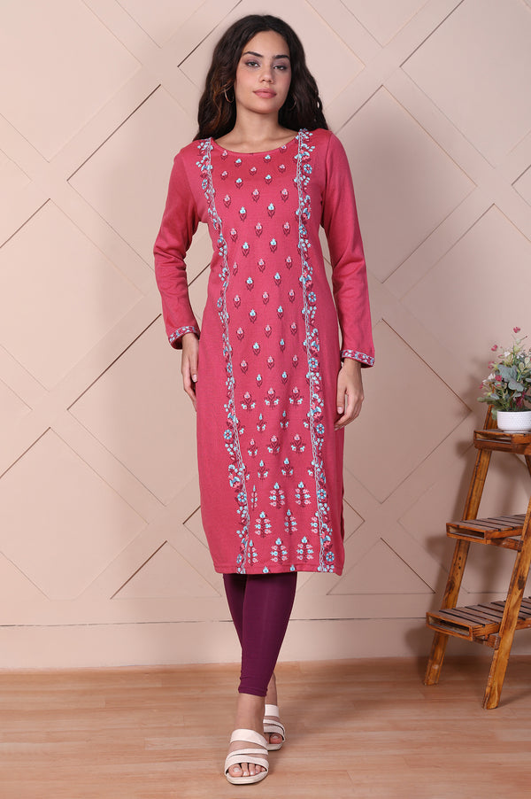 Pink Floral Printed Straight Acrylic Kurta