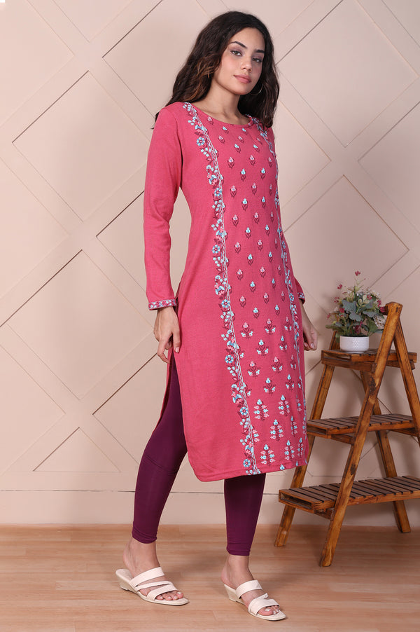 Pink Floral Printed Straight Acrylic Kurta