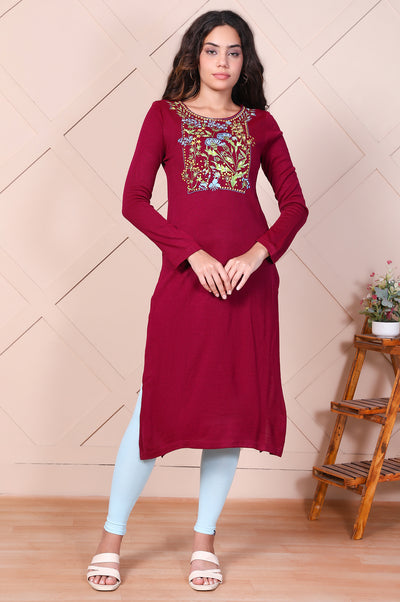 Maroon Embroidery Floral Straight Acrylic Kurta