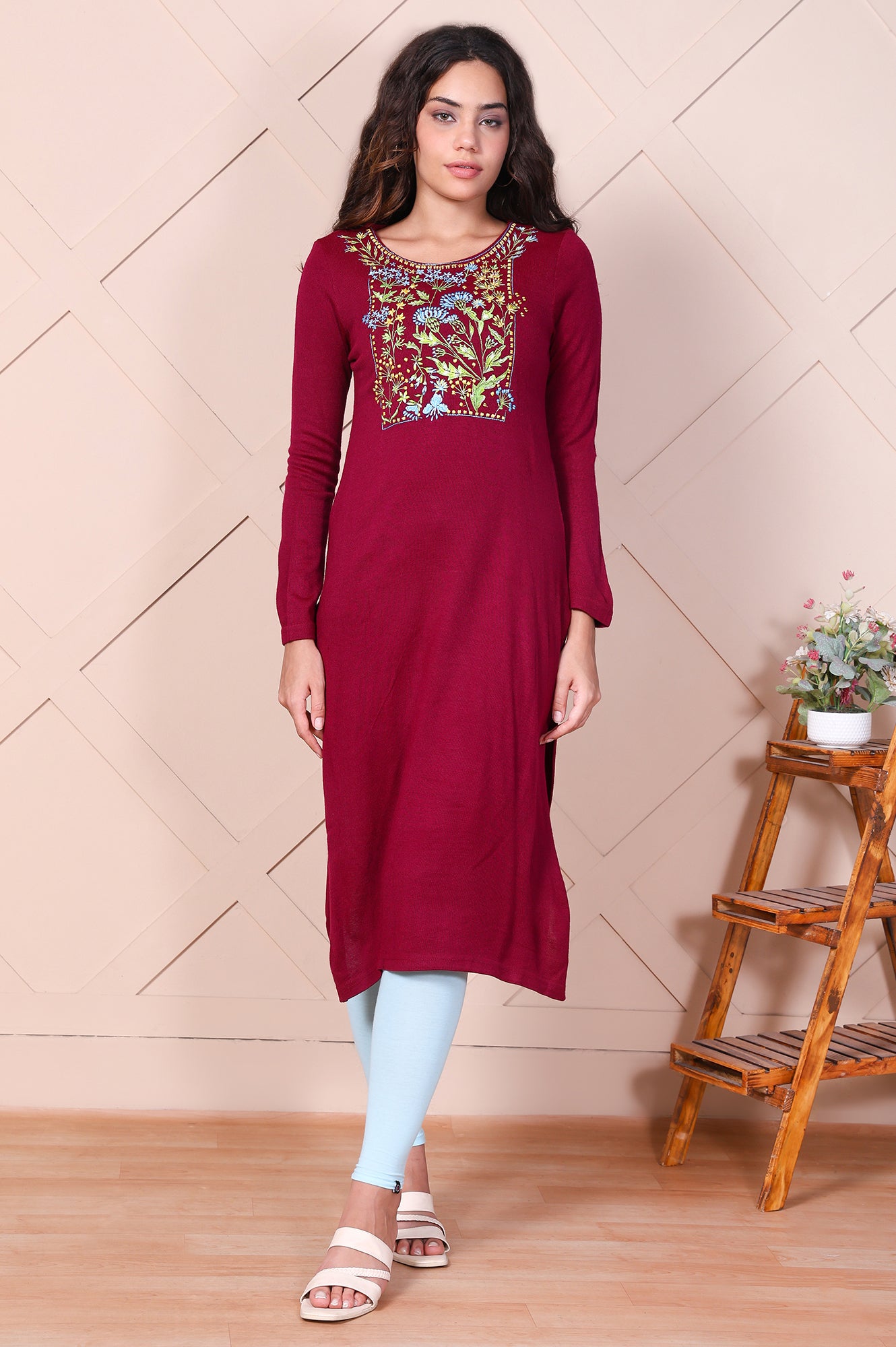 Maroon Embroidery Floral Straight Acrylic Kurta