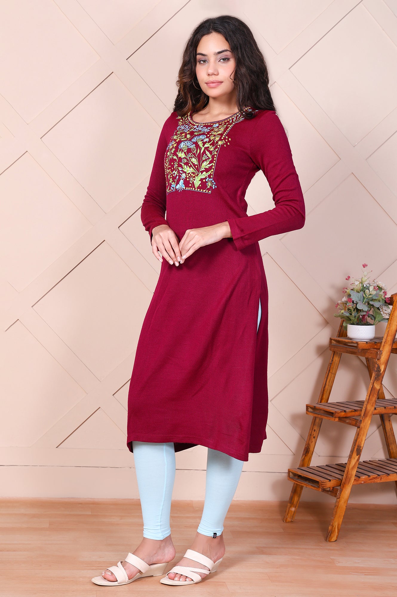Maroon Embroidery Floral Straight Acrylic Kurta