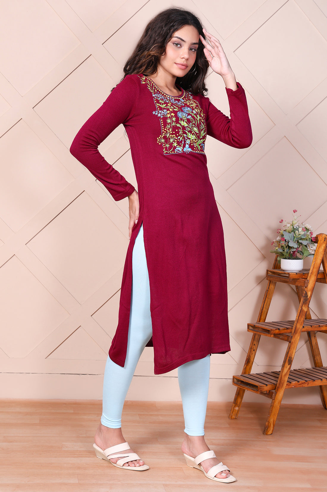 Maroon Embroidery Floral Straight Acrylic Kurta