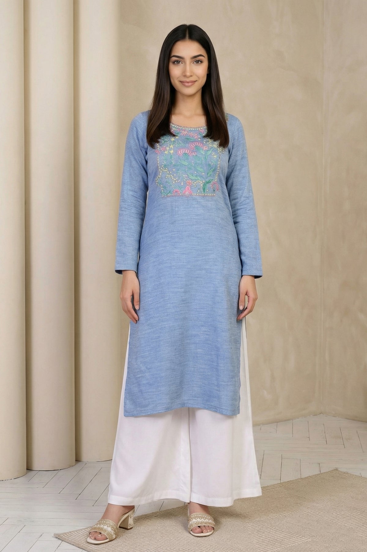 Blue Thread Embroidered Acrylic Straight Kurta for Winter - M