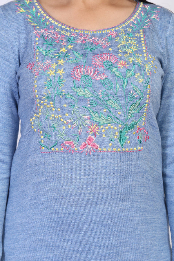 Blue Thread Embroidered Acrylic Straight Kurta for Winter