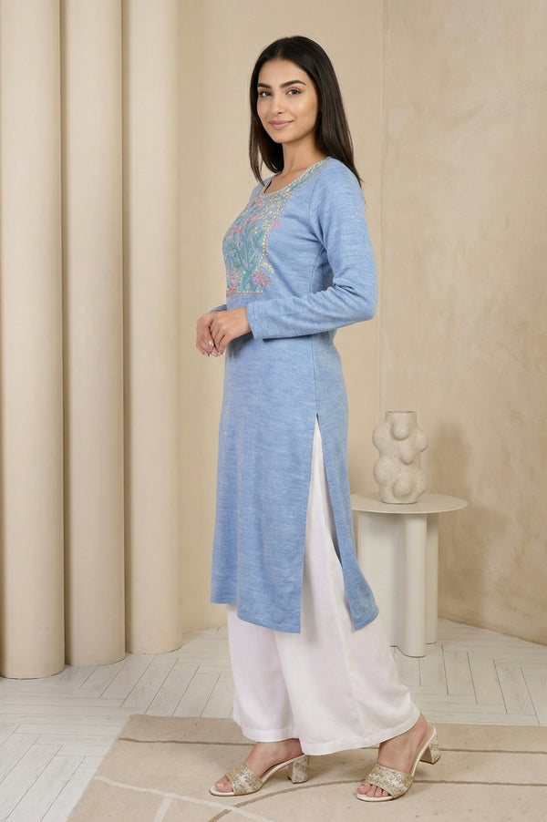 Blue Thread Embroidered Acrylic Straight Kurta for Winter
