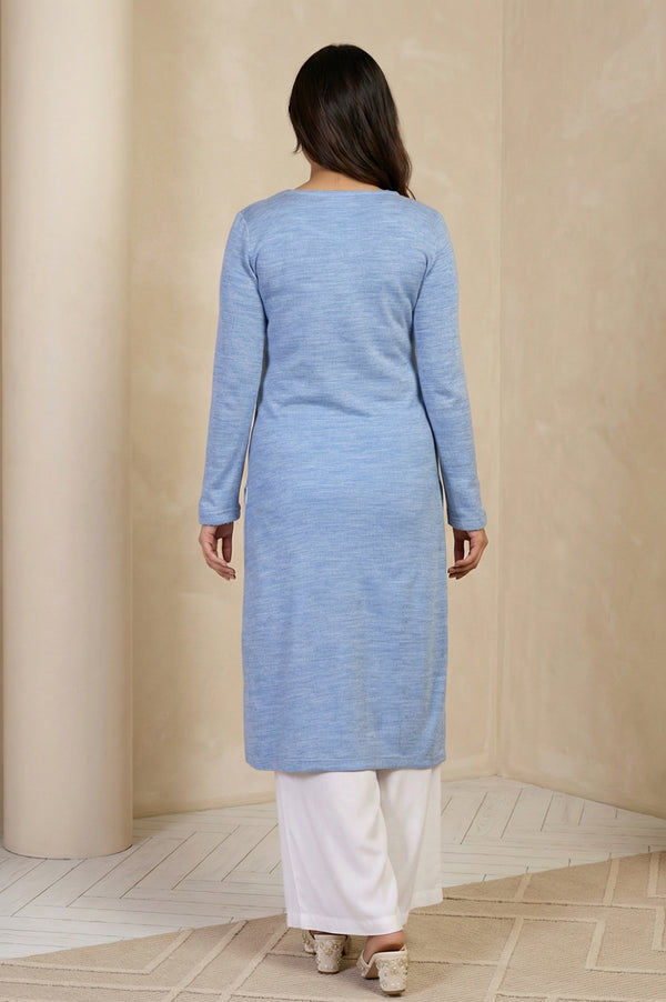 Blue Thread Embroidered Acrylic Straight Kurta for Winter