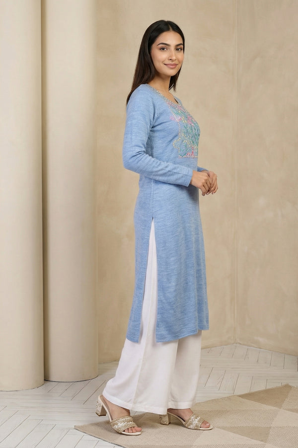 Blue Thread Embroidered Acrylic Straight Kurta for Winter