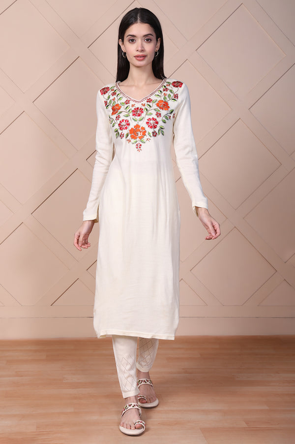 Off-White Embroidered Straight Acrylic Kurta