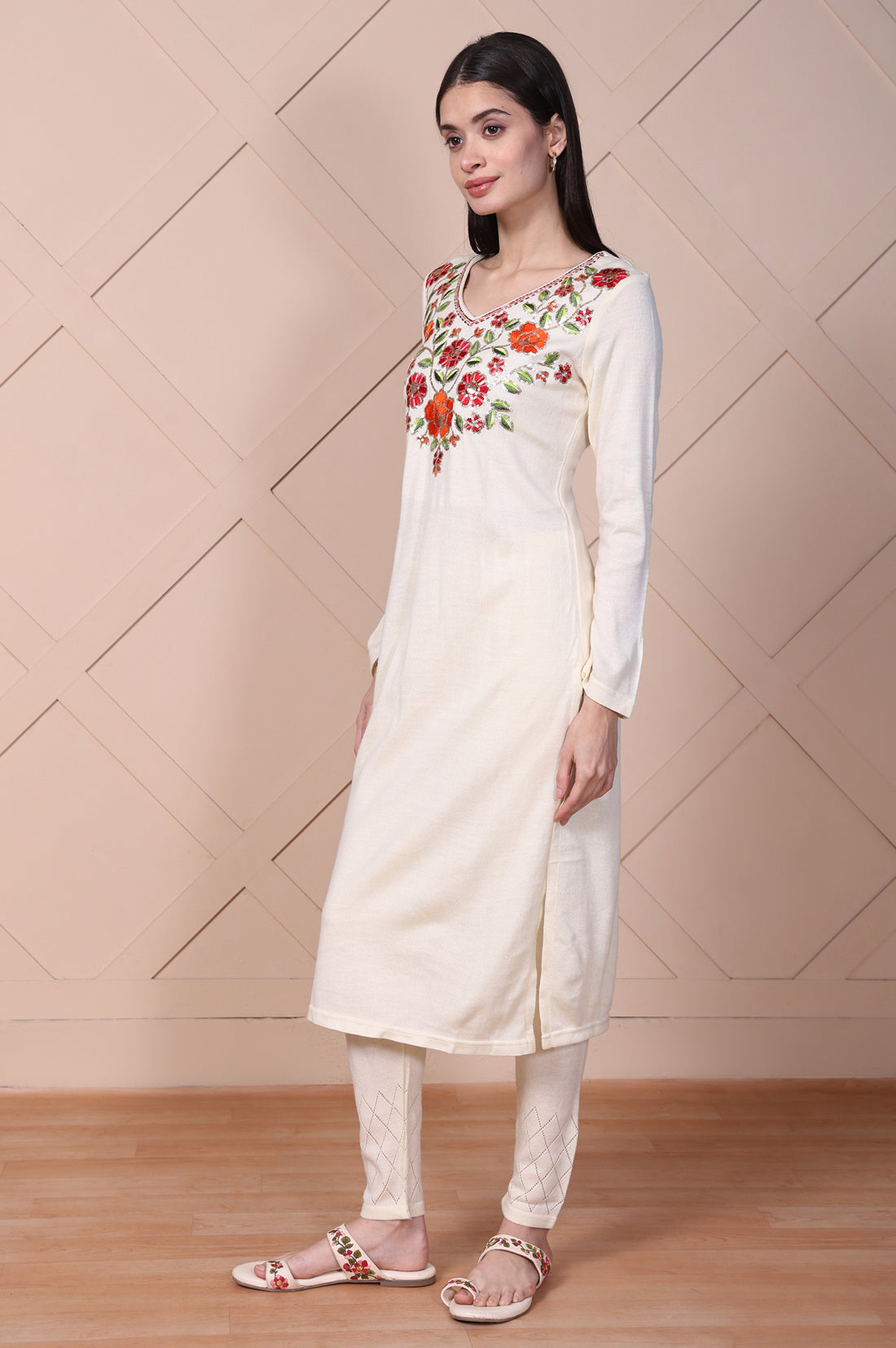 Off-White Embroidered Straight Acrylic Kurta