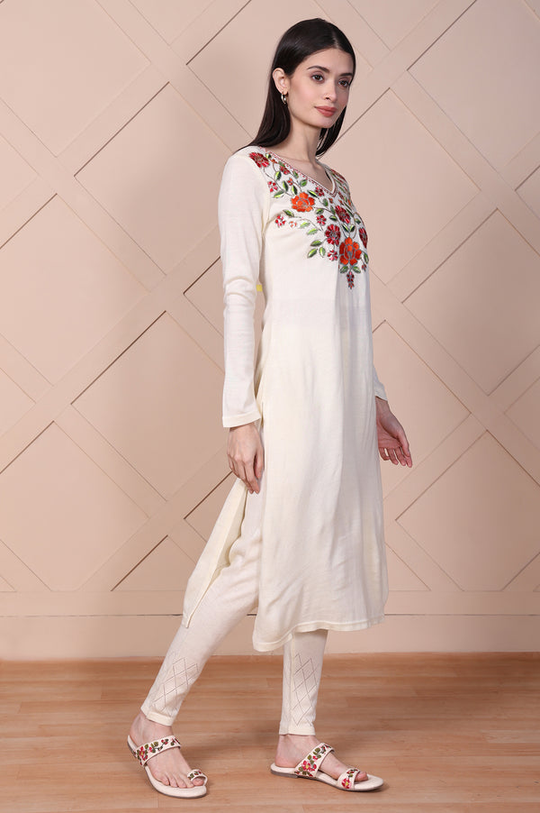 Off-White Embroidered Straight Acrylic Kurta