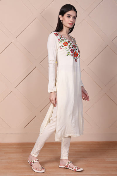 Off-White Embroidered Straight Acrylic Kurta