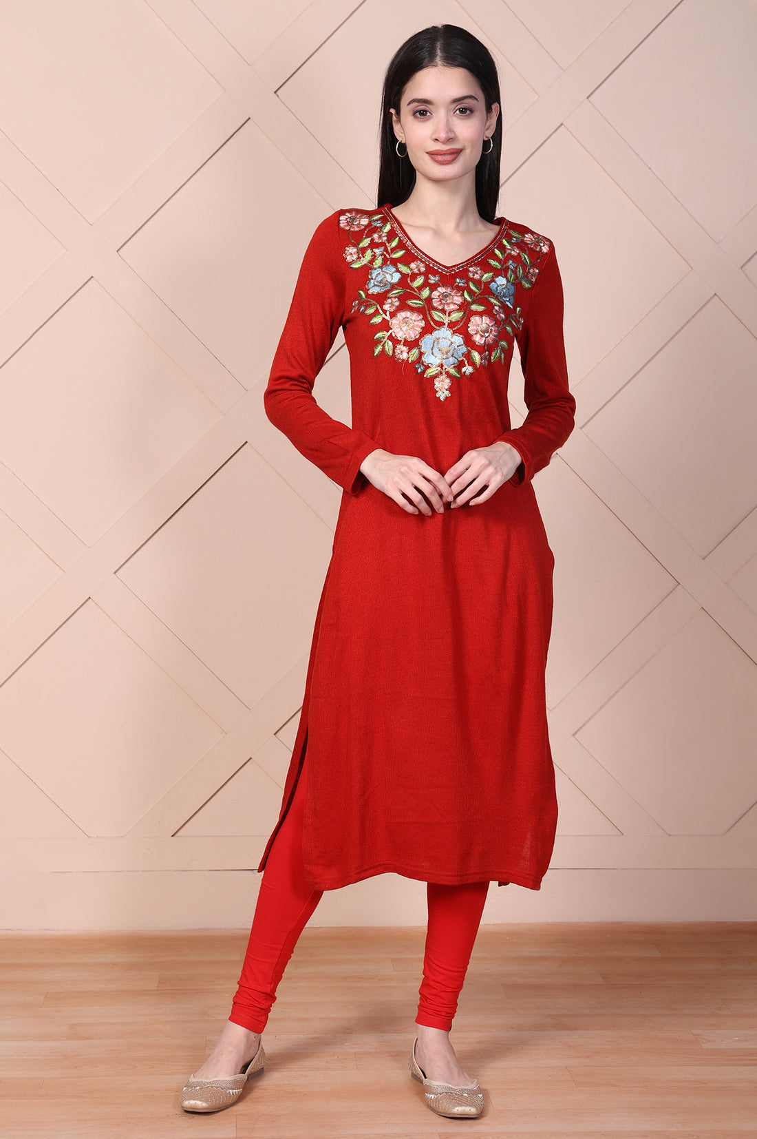 Red Floral Printed Embroidered Acrylic Straight Kurta