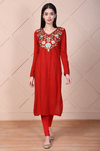Red Floral Printed Embroidered Acrylic Straight Kurta