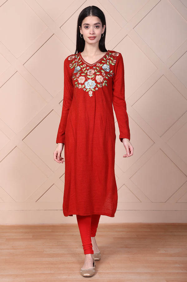 Red Floral Printed Embroidered Acrylic Straight Kurta