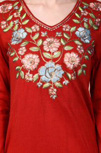 Red Floral Printed Embroidered Acrylic Straight Kurta
