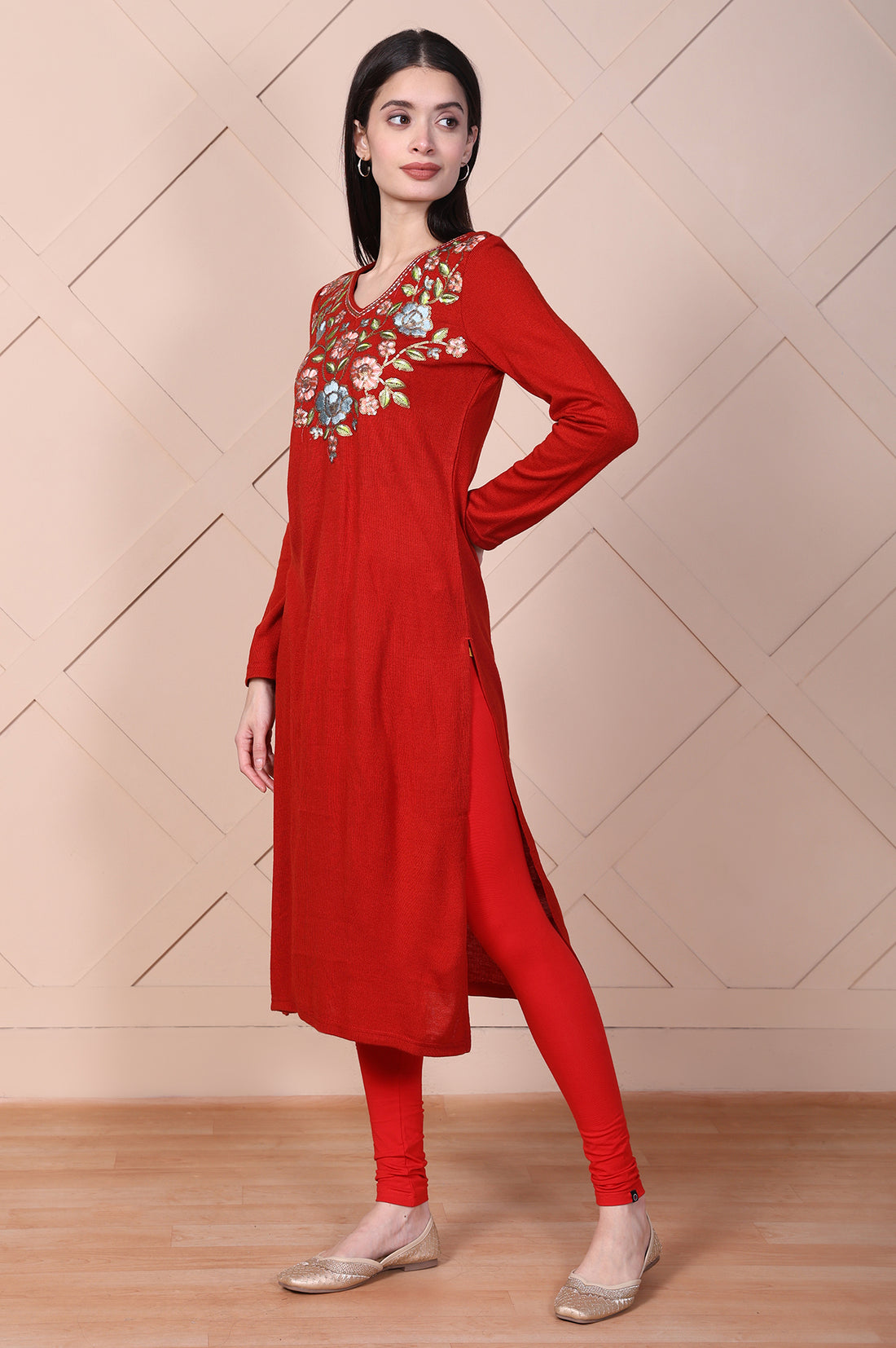 Red Floral Printed Embroidered Acrylic Straight Kurta