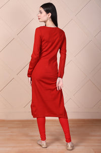Red Floral Printed Embroidered Acrylic Straight Kurta