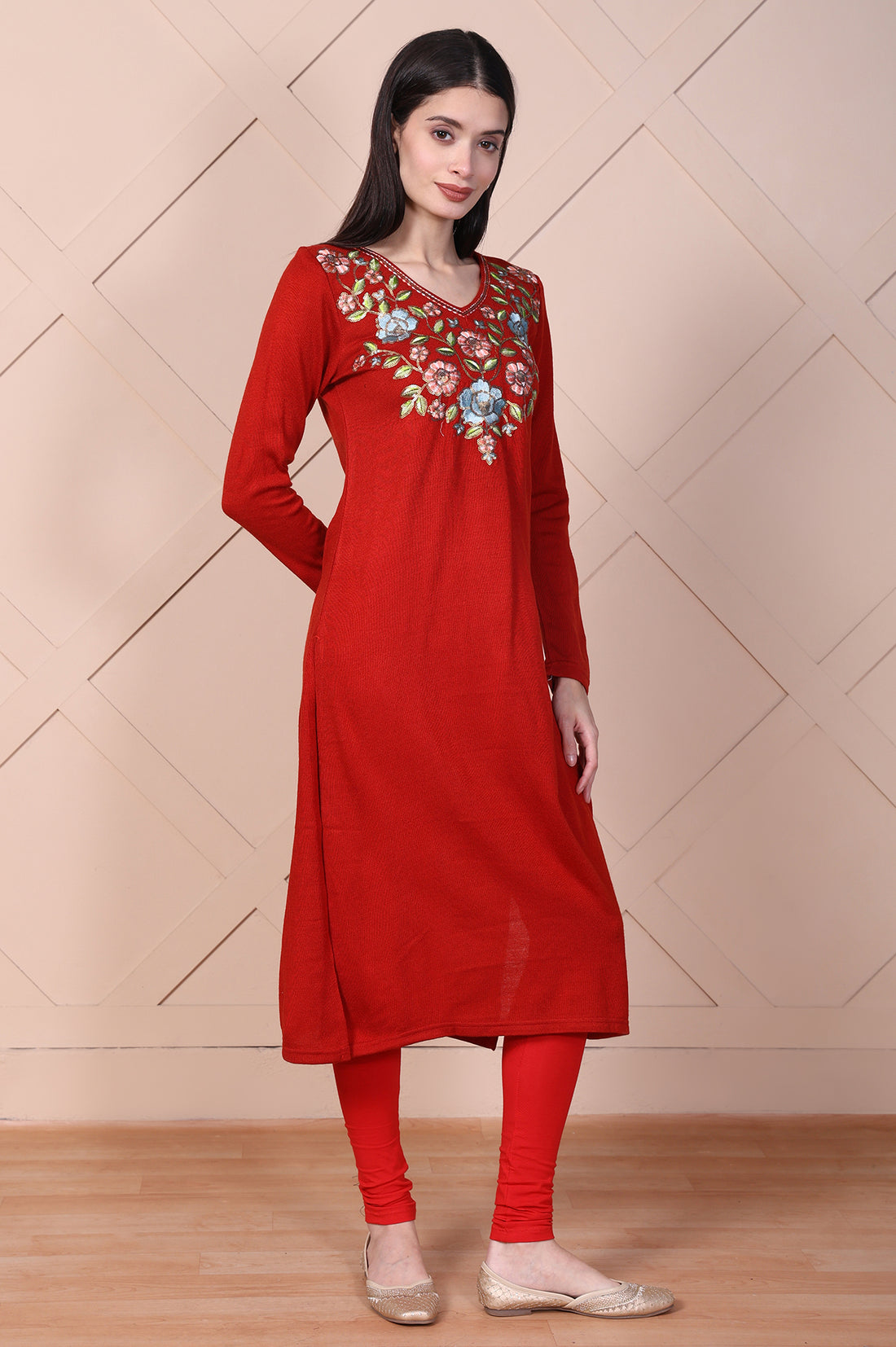 Red Floral Printed Embroidered Acrylic Straight Kurta