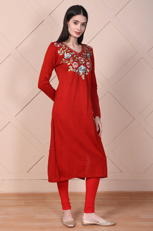Red Floral Printed Embroidered Acrylic Straight Kurta