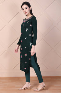 Green Embroidered Straight Acrylic Kurta