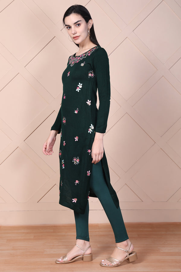 Green Embroidered Straight Acrylic Kurta