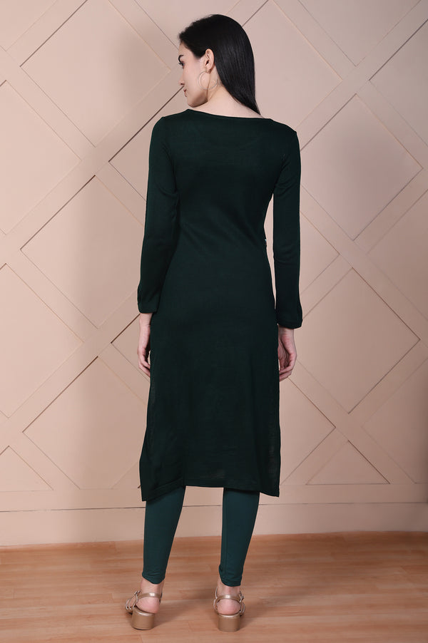 Green Embroidered Straight Acrylic Kurta