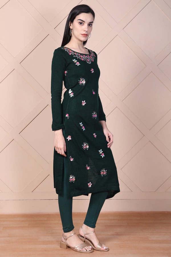Green Embroidered Straight Acrylic Kurta