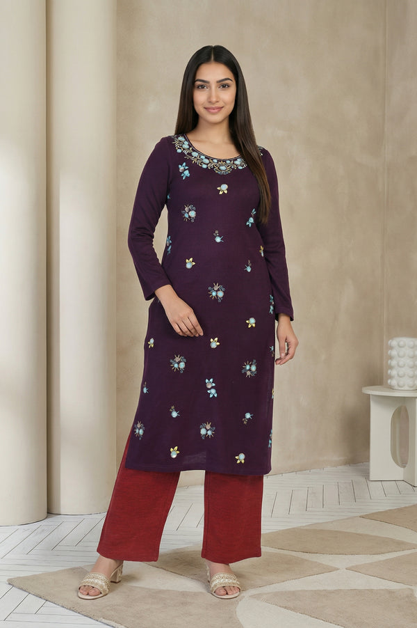 Purple Floral Printed Thread Work Acrylic Kurta for Winter