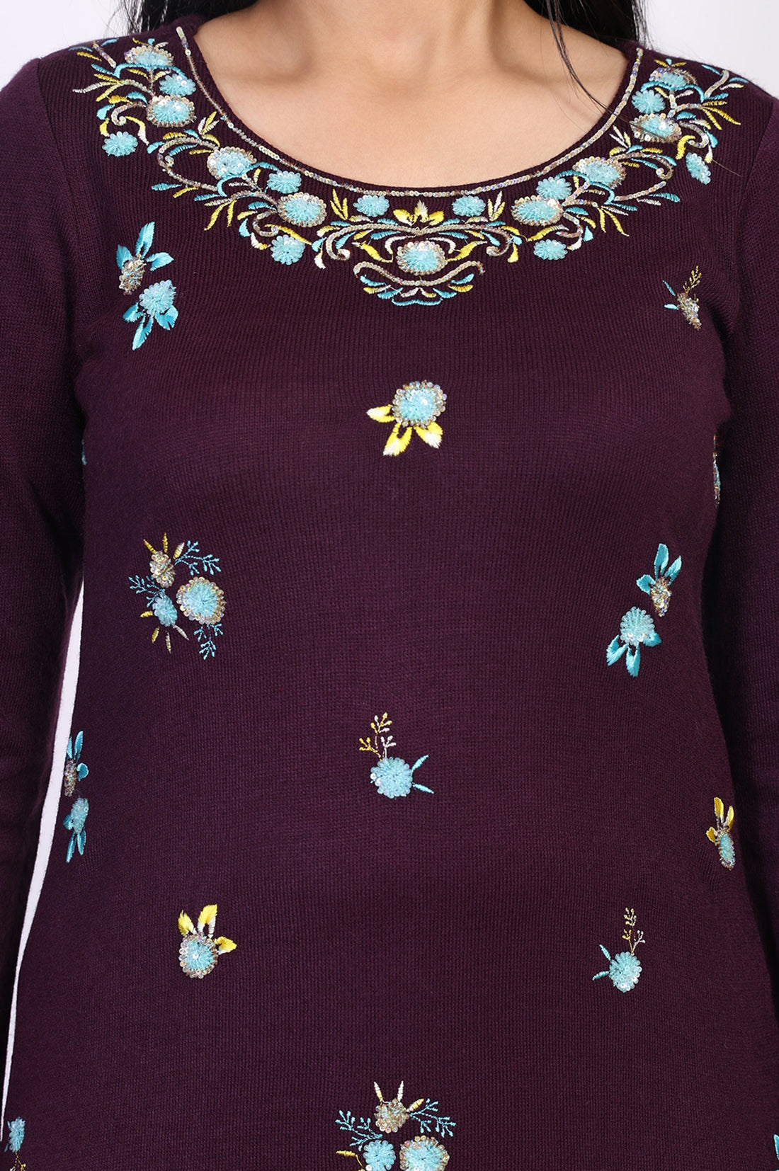 Purple Floral Printed Thread Work Acrylic Kurta for Winter