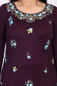 Purple Floral Printed Thread Work Acrylic Kurta for Winter