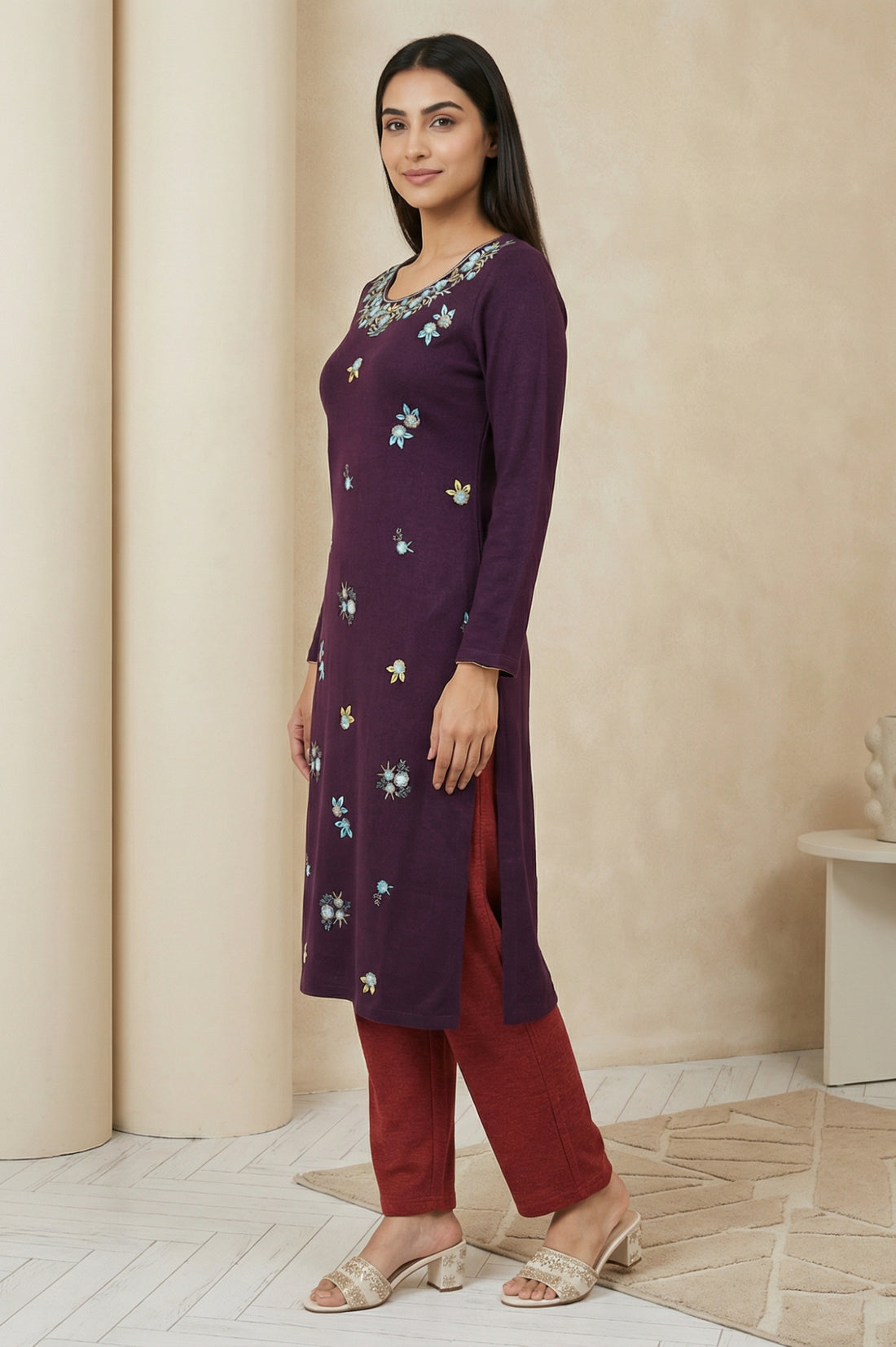 Purple Floral Printed Thread Work Acrylic Kurta for Winter