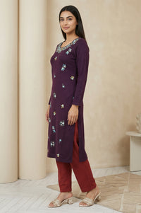 Purple Floral Printed Thread Work Acrylic Kurta for Winter