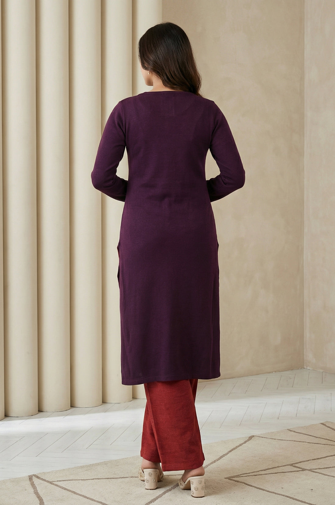 Purple Floral Printed Thread Work Acrylic Kurta for Winter