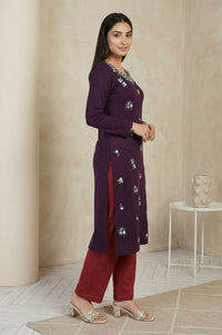 Purple Floral Printed Thread Work Acrylic Kurta for Winter