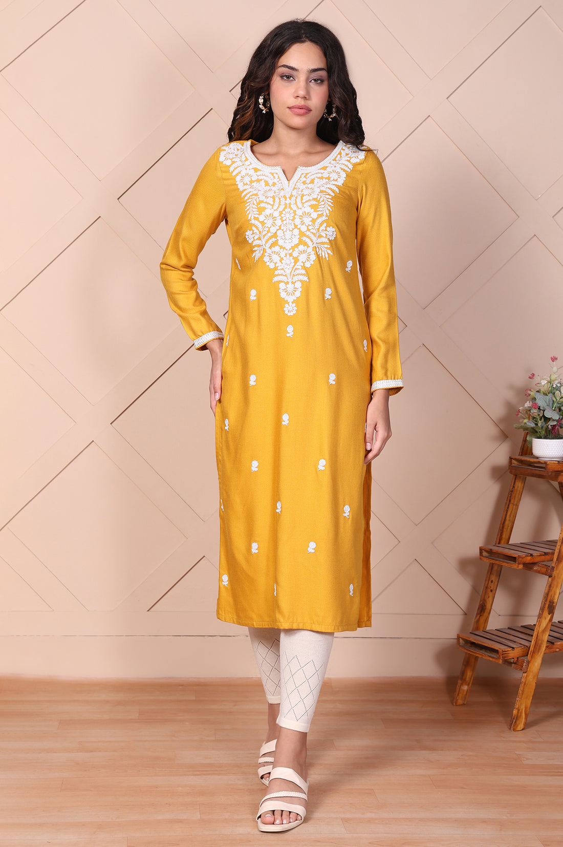 Mustard Embroidered Floral Lace Trim Straight Acrylic Kurta