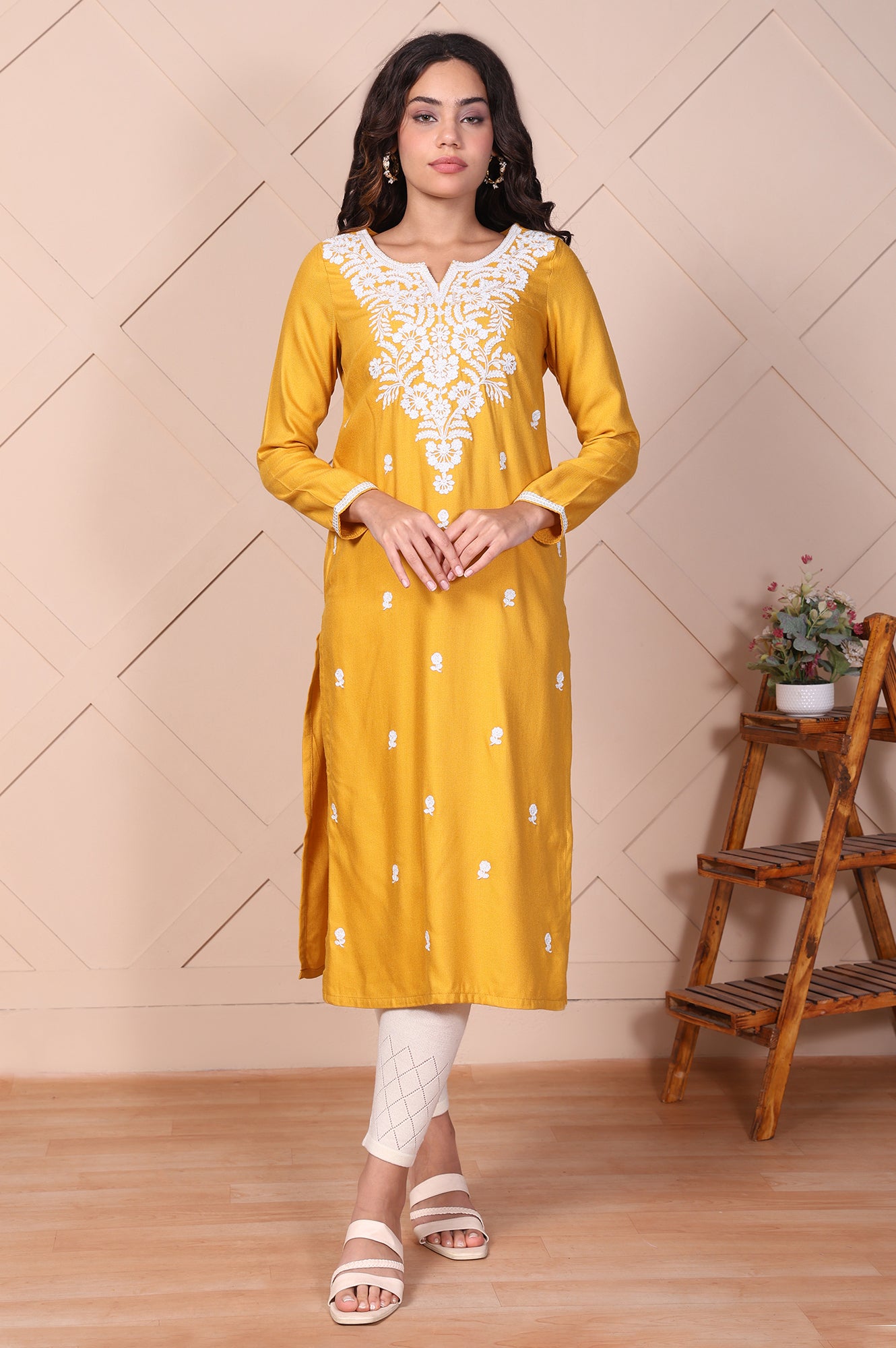 Mustard Embroidered Floral Lace Trim Straight Acrylic Kurta