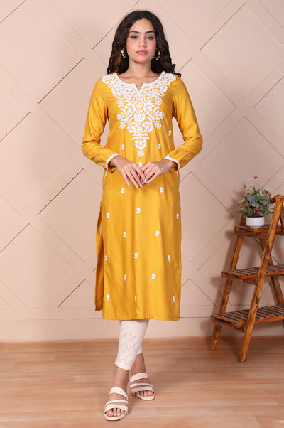 Mustard Embroidered Floral Lace Trim Straight Acrylic Kurta