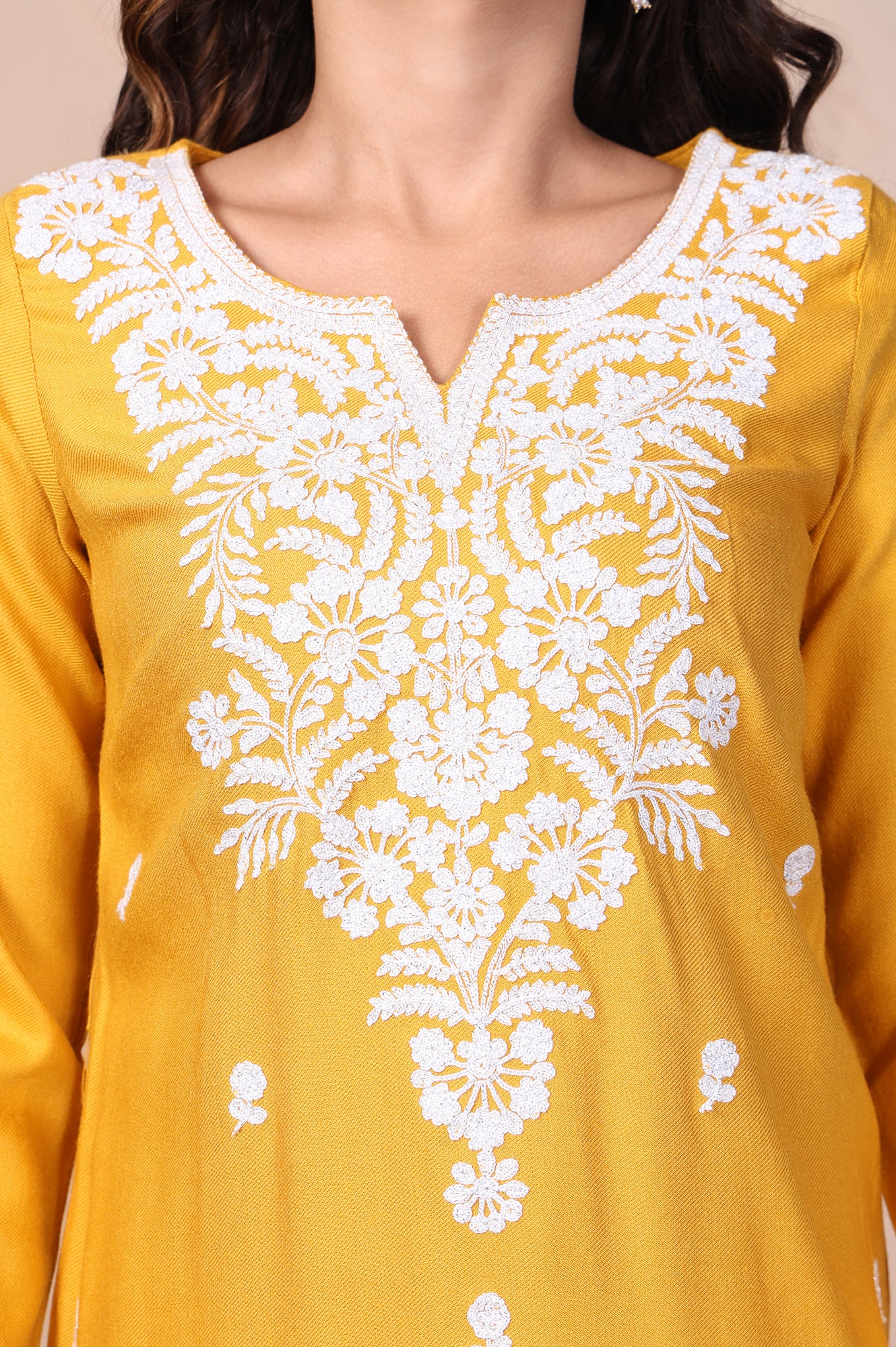 Mustard Embroidered Floral Lace Trim Straight Acrylic Kurta