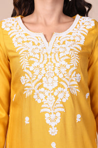 Mustard Embroidered Floral Lace Trim Straight Acrylic Kurta
