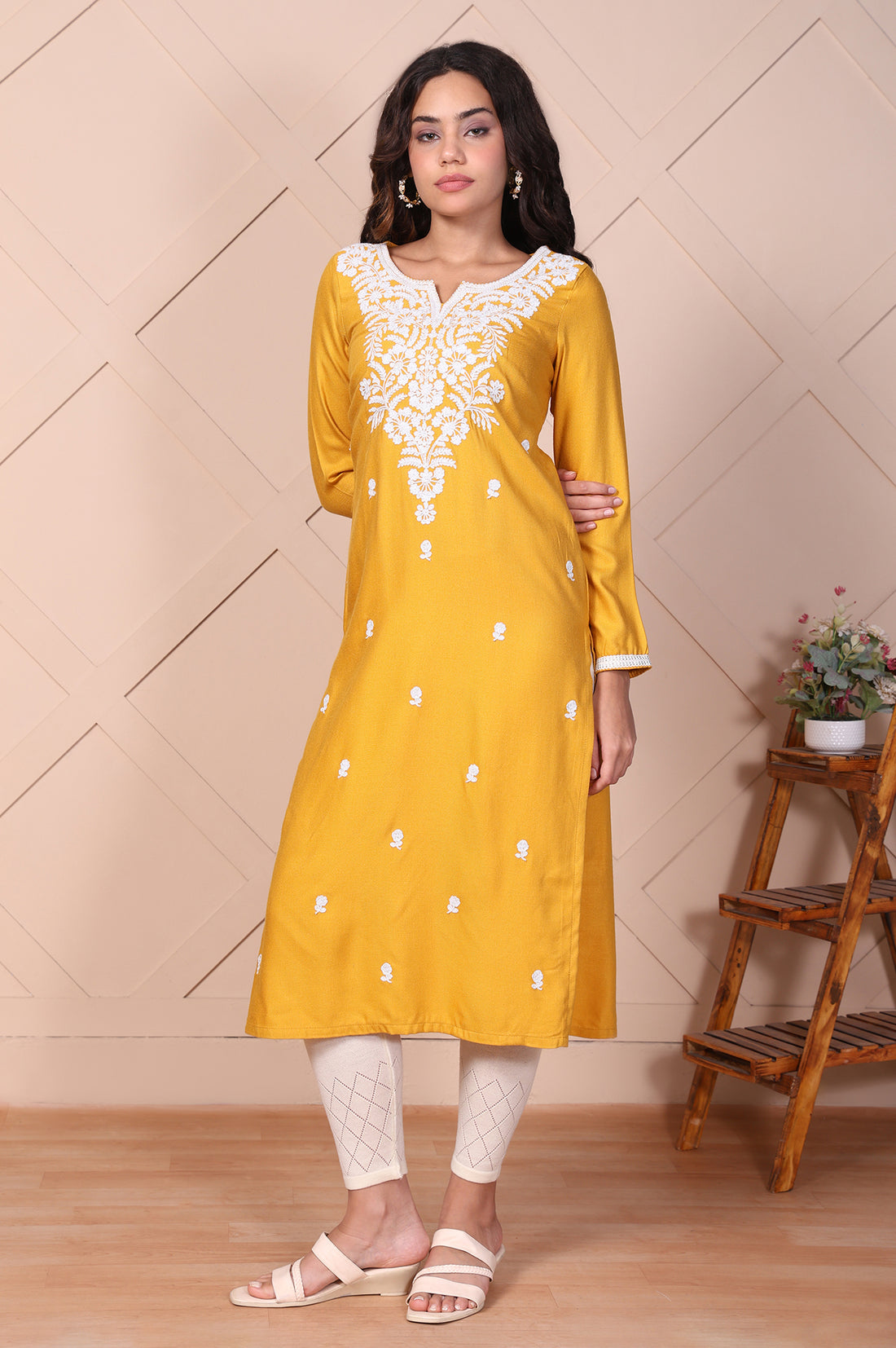 Mustard Embroidered Floral Lace Trim Straight Acrylic Kurta
